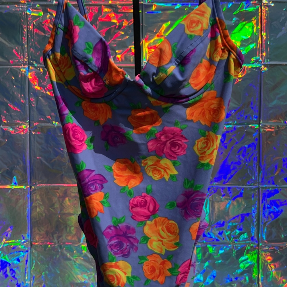 SHIPS FREE Maximalist neon floral underwire swimsuit lavender small Vintage